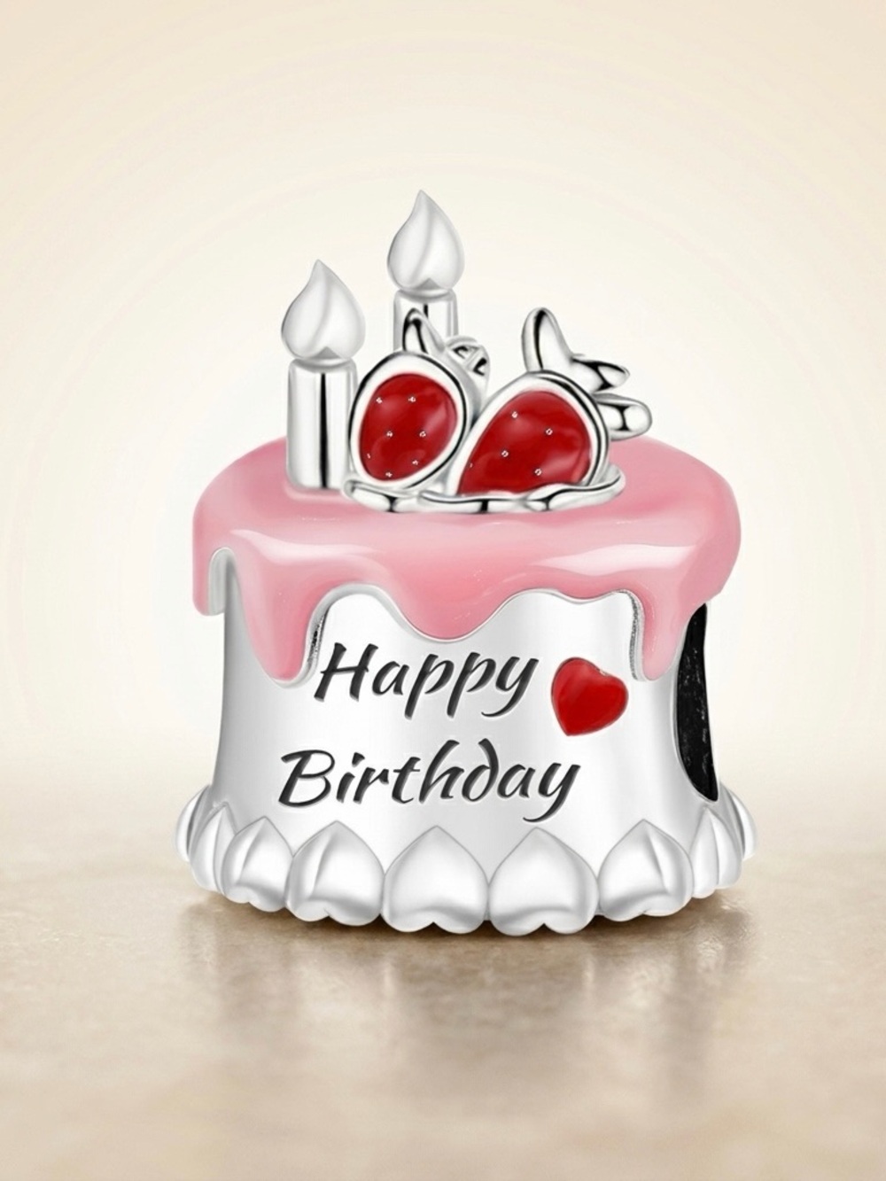 S925 Silver Happy Birthday Cake Charm Pandora Fit Pink Enamel Celebration Gift C